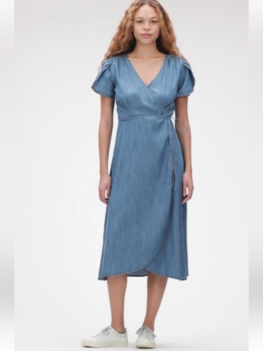 Gap Wrap-Front Midi Dress in Light Denim Blue cotton blend